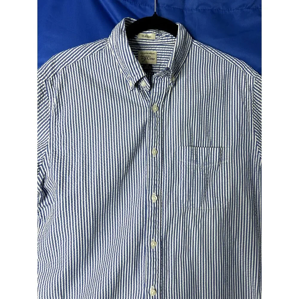 J. Crew Mens Blue Striped Shirt Sz M Seersucker Nautical Coastal Preppy Cotton
